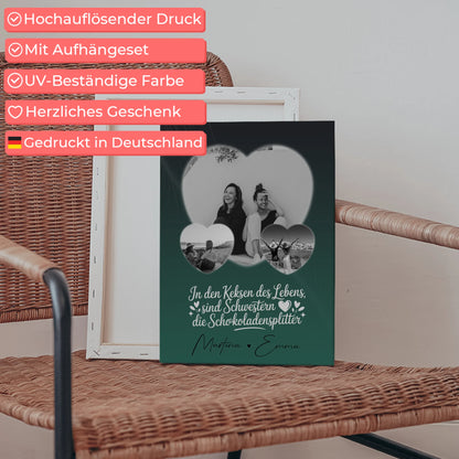 Personalisierte Leinwand Schwester mit 3 Herz Fotos Geschenkidee