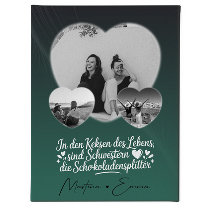 Personalisierte Leinwand Schwester mit 3 Herz Fotos Geschenkidee