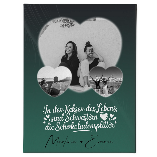 Personalisierte Leinwand Schwester mit 3 Herz Fotos Geschenkidee