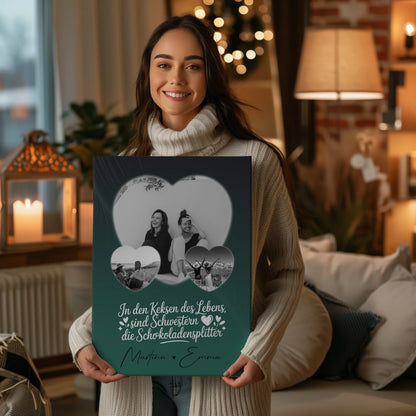 Personalisierte Leinwand Schwester mit 3 Herz Fotos Geschenkidee