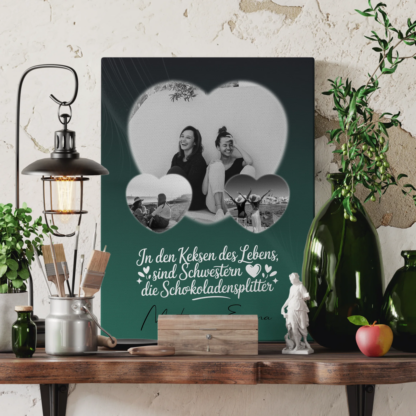 Personalisierte Leinwand Schwester mit 3 Herz Fotos Geschenkidee