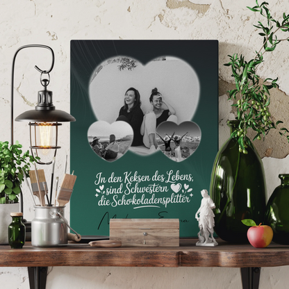 Personalisierte Leinwand Schwester mit 3 Herz Fotos Geschenkidee
