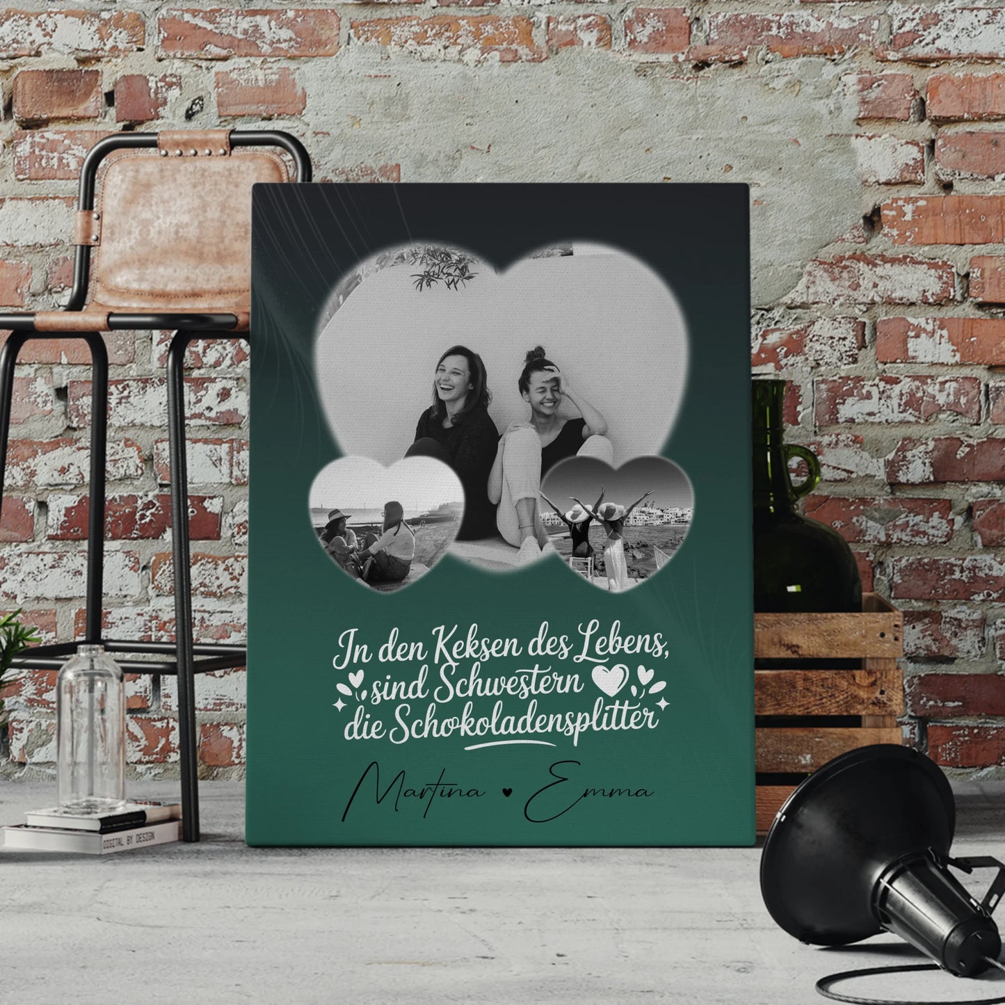 Personalisierte Leinwand Schwester mit 3 Herz Fotos Geschenkidee