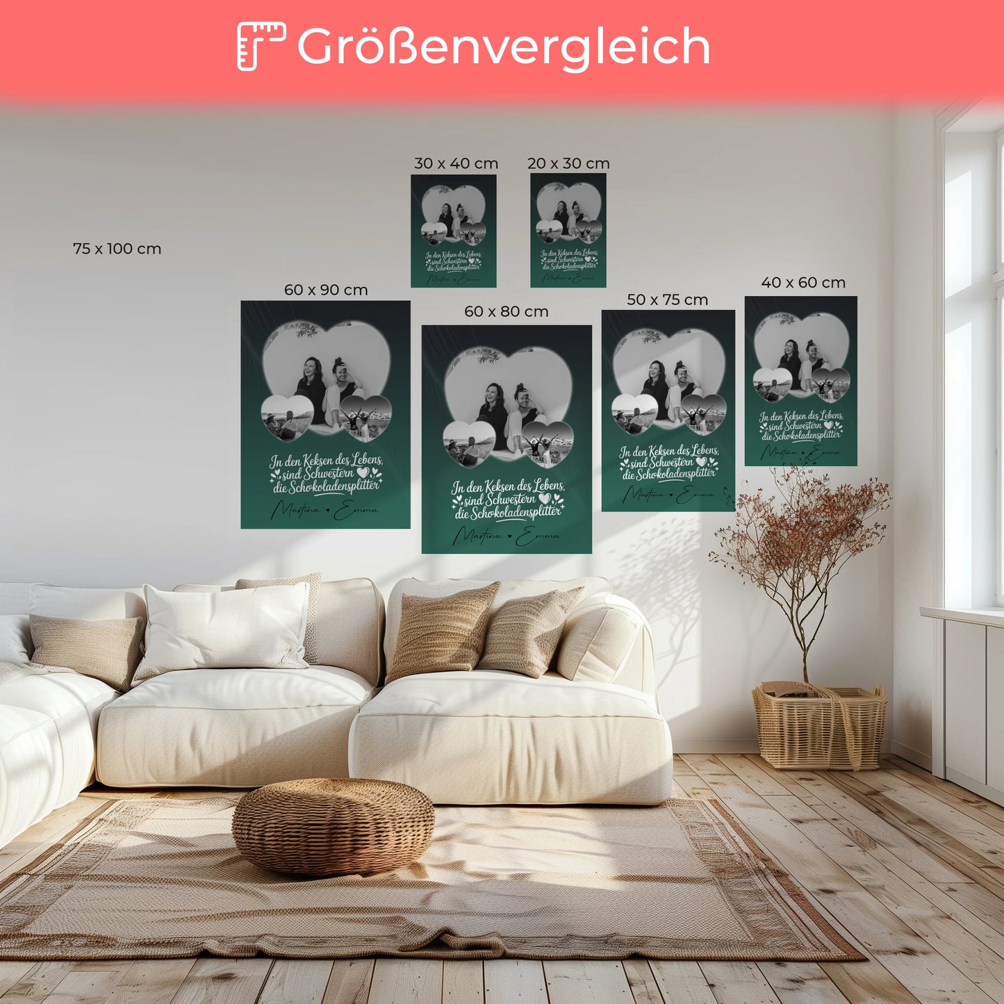 Personalisierte Leinwand Schwester mit 3 Herz Fotos Geschenkidee