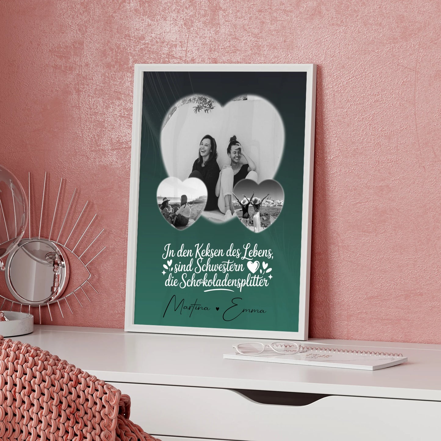 Schwester Poster mit 3 Herz Fotos als persönliche Geschenkidee