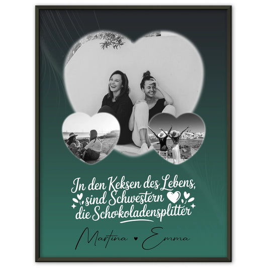 Schwester Poster mit 3 Herz Fotos als persönliche Geschenkidee