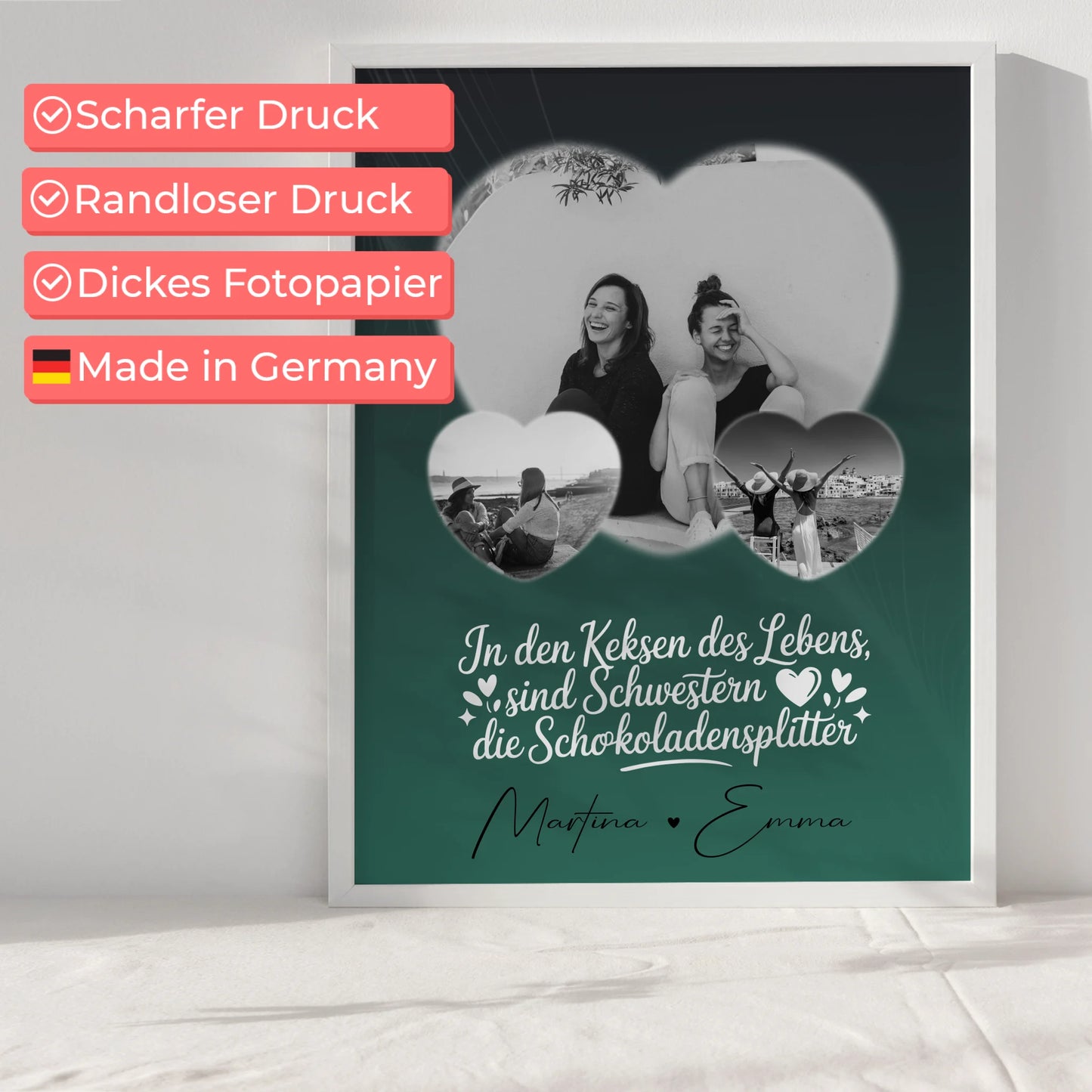 Schwester Poster mit 3 Herz Fotos als persönliche Geschenkidee
