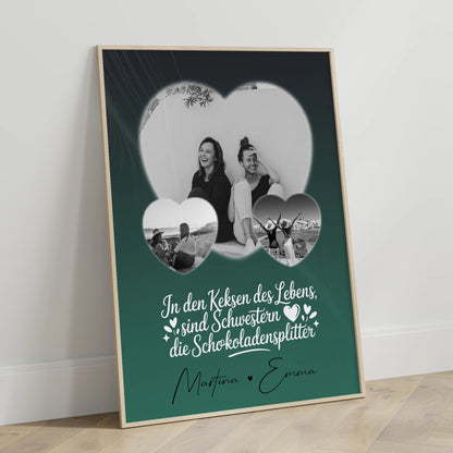 Schwester Poster mit 3 Herz Fotos als persönliche Geschenkidee