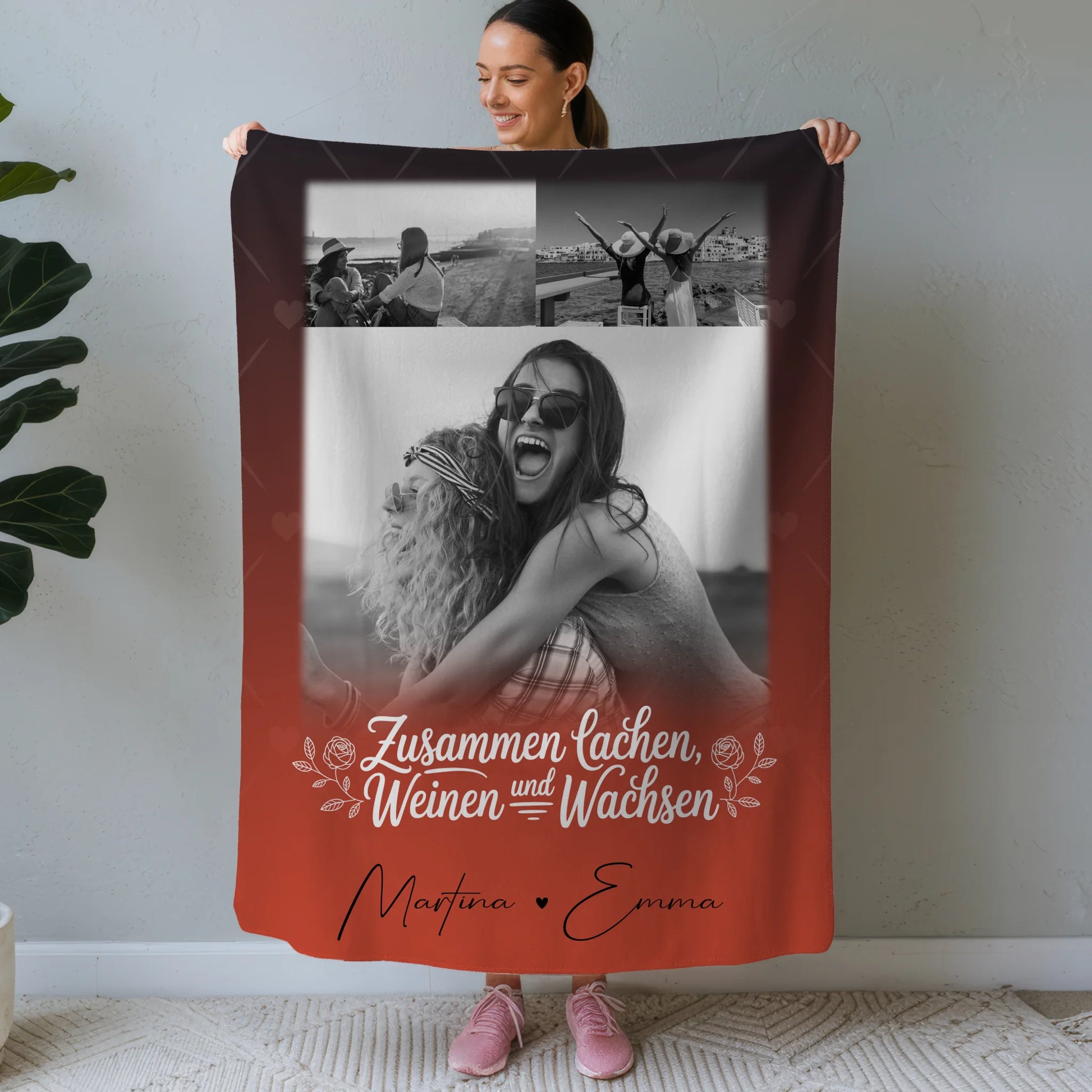 Personalisierte Decke Schwester mit 3 Fotos Zusammen lachen weinen Geschenkidee 1