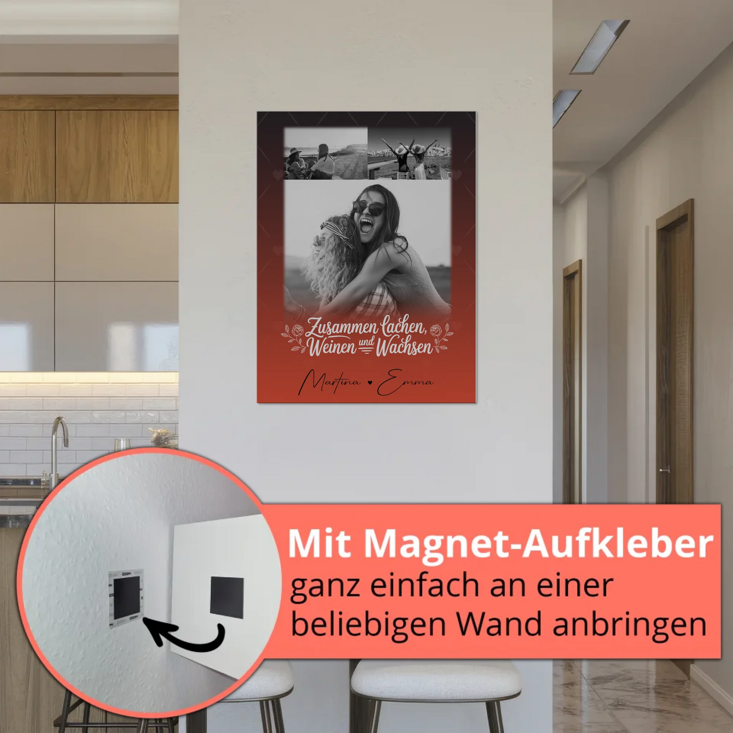 Personalisiertes Fotoboard Poster Magnetisch mit 3 Fotos Zusammen lachen weinen
