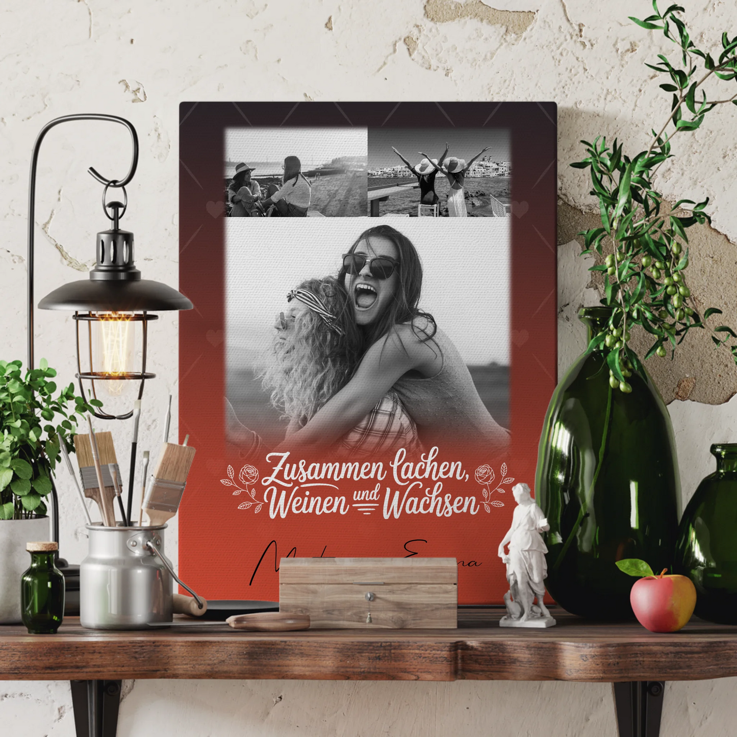 Personalisierte Leinwand Schwester mit 3 Fotos Zusammen lachen weinen Geschenkidee