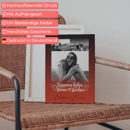 Personalisierte Leinwand Schwester mit 3 Fotos Zusammen lachen weinen Geschenkidee