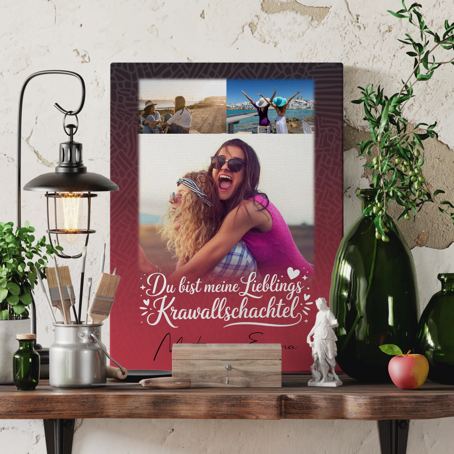 Personalisierte Schwester Leinwand mit 3 Fotos und Lieblings Krawallschachtel Geschenk