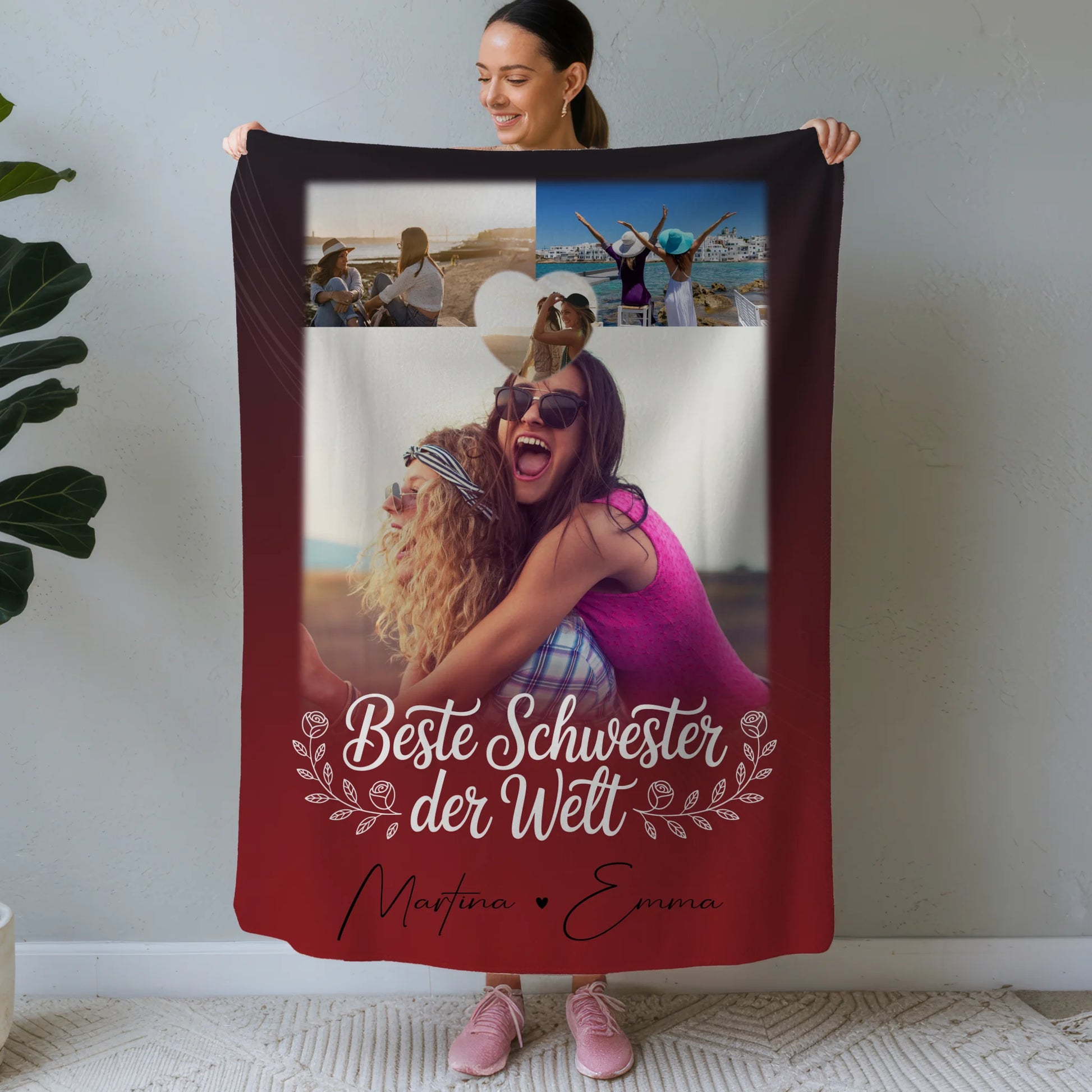 Personalisierte Kuscheldecke mit Namen 3 Fotos und Herz Foto Beste Schwester der Welt 1