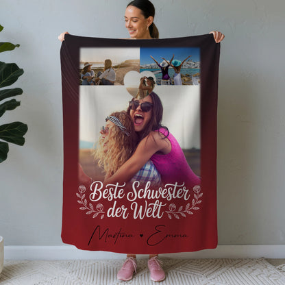 Personalisierte Kuscheldecke mit Namen 3 Fotos und Herz Foto Beste Schwester der Welt 1