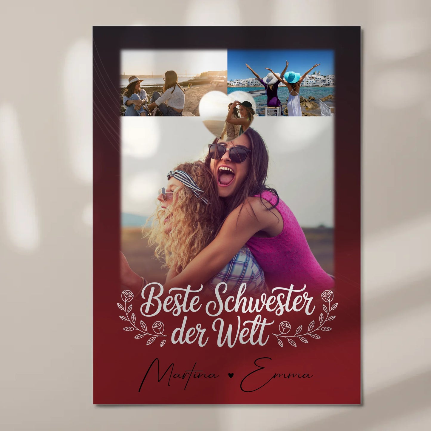 Fotoboard Magnet Poster mit 3 Fotos und Herz Foto Beste Schwester der Welt