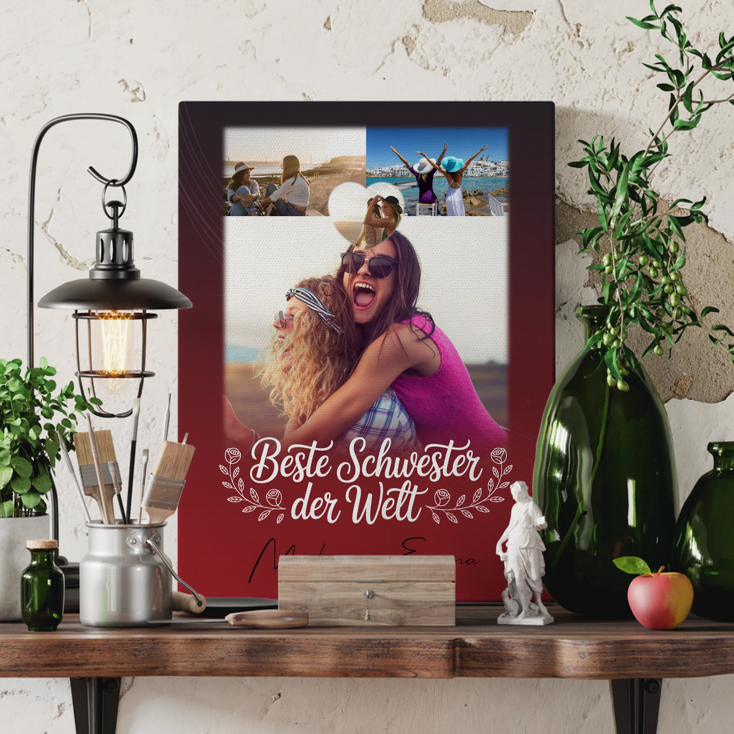 Personalisierte Leinwand Schwester mit 3 Fotos und Herz Foto Beste Schwester der Welt