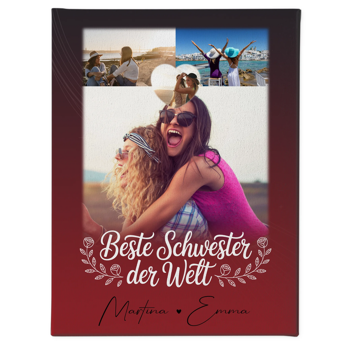Personalisierte Leinwand Schwester mit 3 Fotos und Herz Foto Beste Schwester der Welt