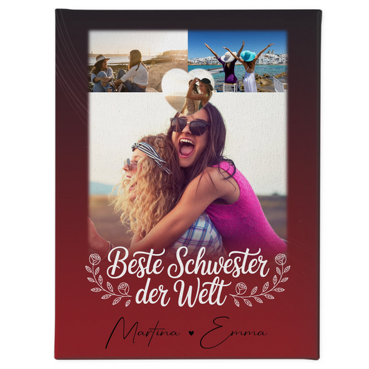Personalisierte Leinwand Schwester mit 3 Fotos und Herz Foto Beste Schwester der Welt