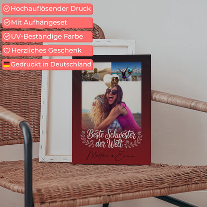 Personalisierte Leinwand Schwester mit 3 Fotos und Herz Foto Beste Schwester der Welt