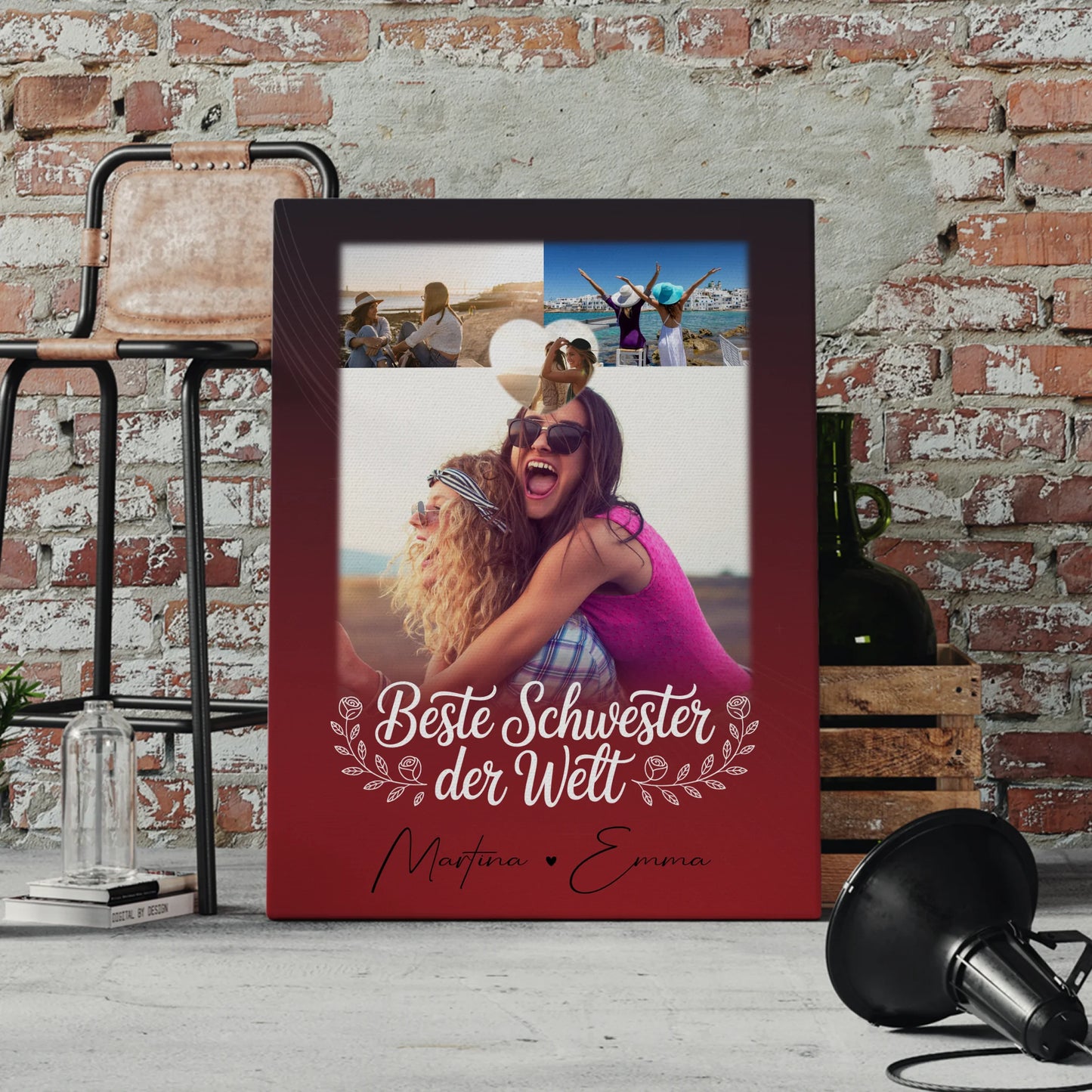 Personalisierte Leinwand Schwester mit 3 Fotos und Herz Foto Beste Schwester der Welt