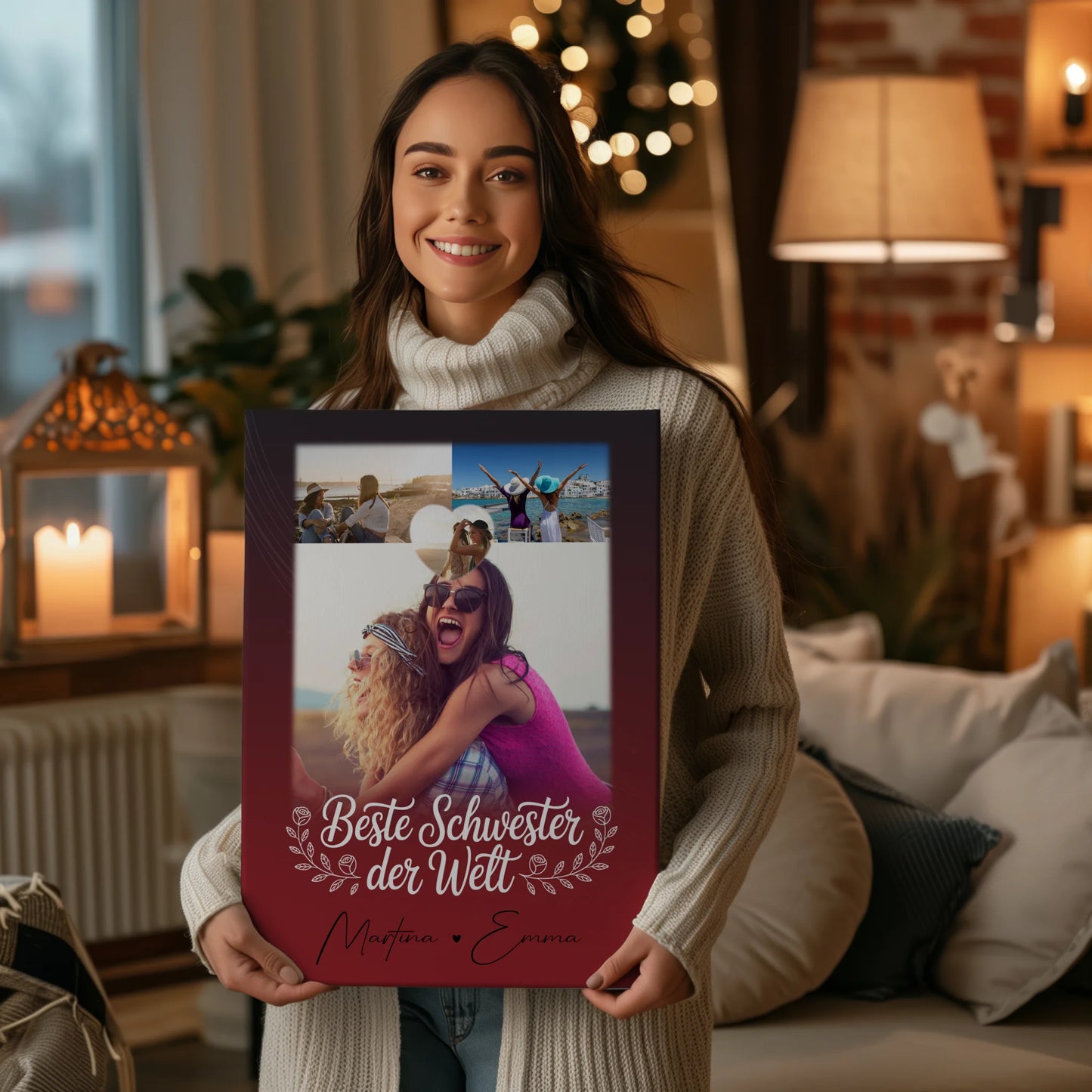 Personalisierte Leinwand Schwester mit 3 Fotos und Herz Foto Beste Schwester der Welt