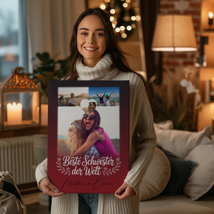 Personalisierte Leinwand Schwester mit 3 Fotos und Herz Foto Beste Schwester der Welt