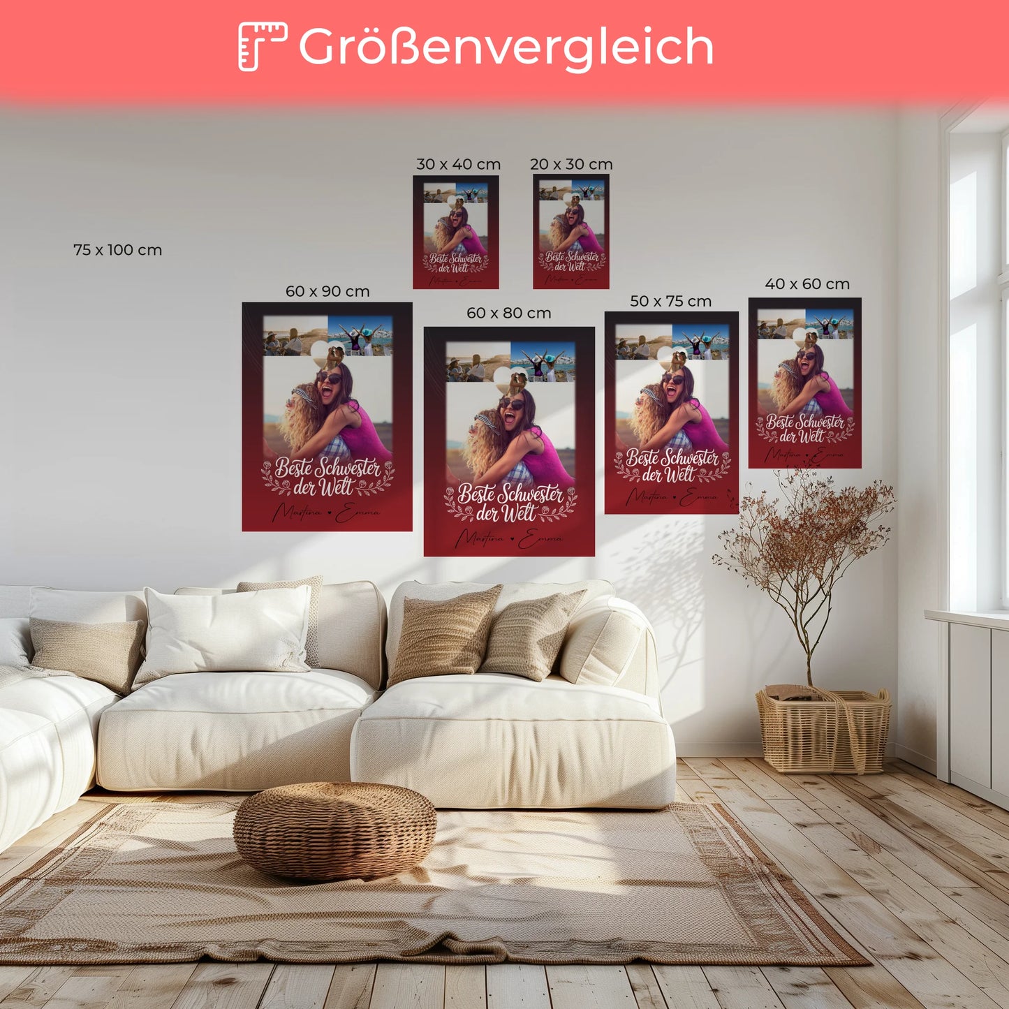 Personalisierte Leinwand Schwester mit 3 Fotos und Herz Foto Beste Schwester der Welt