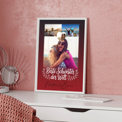 Beste Schwester der Welt Poster Personalisiert 3 Fotos Herz Foto