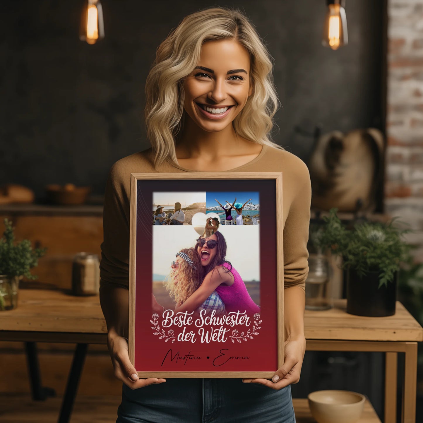 Beste Schwester der Welt Poster Personalisiert 3 Fotos Herz Foto