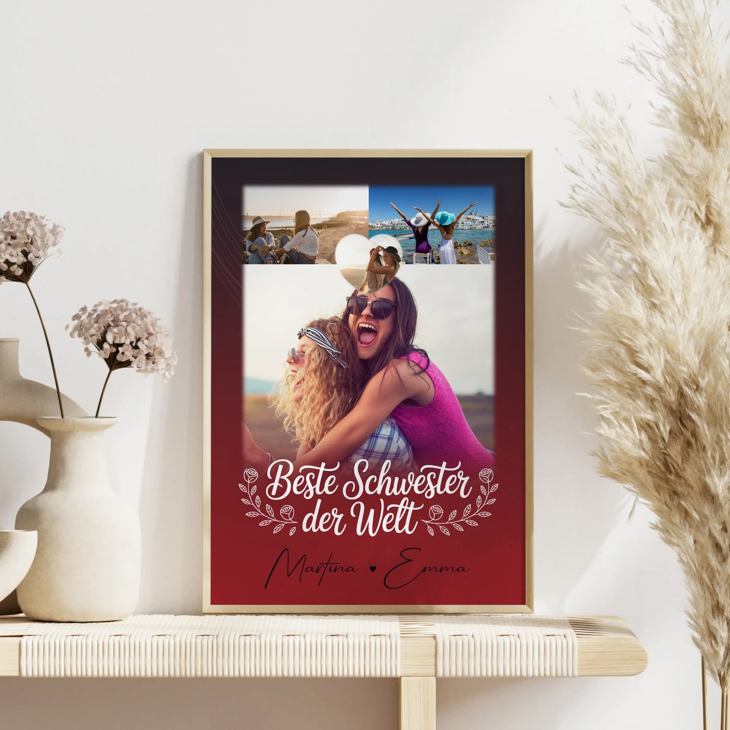 Beste Schwester der Welt Poster Personalisiert 3 Fotos Herz Foto