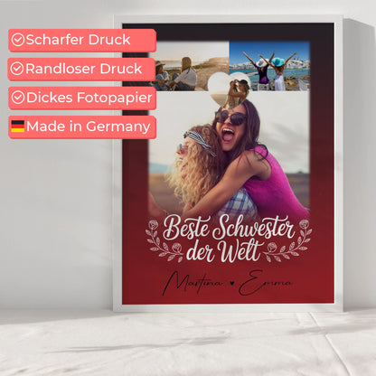 Beste Schwester der Welt Poster Personalisiert 3 Fotos Herz Foto