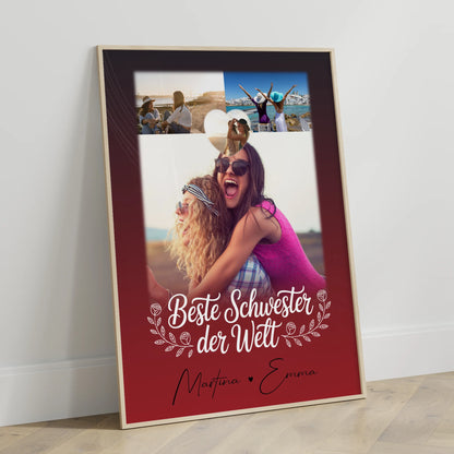 Beste Schwester der Welt Poster Personalisiert 3 Fotos Herz Foto