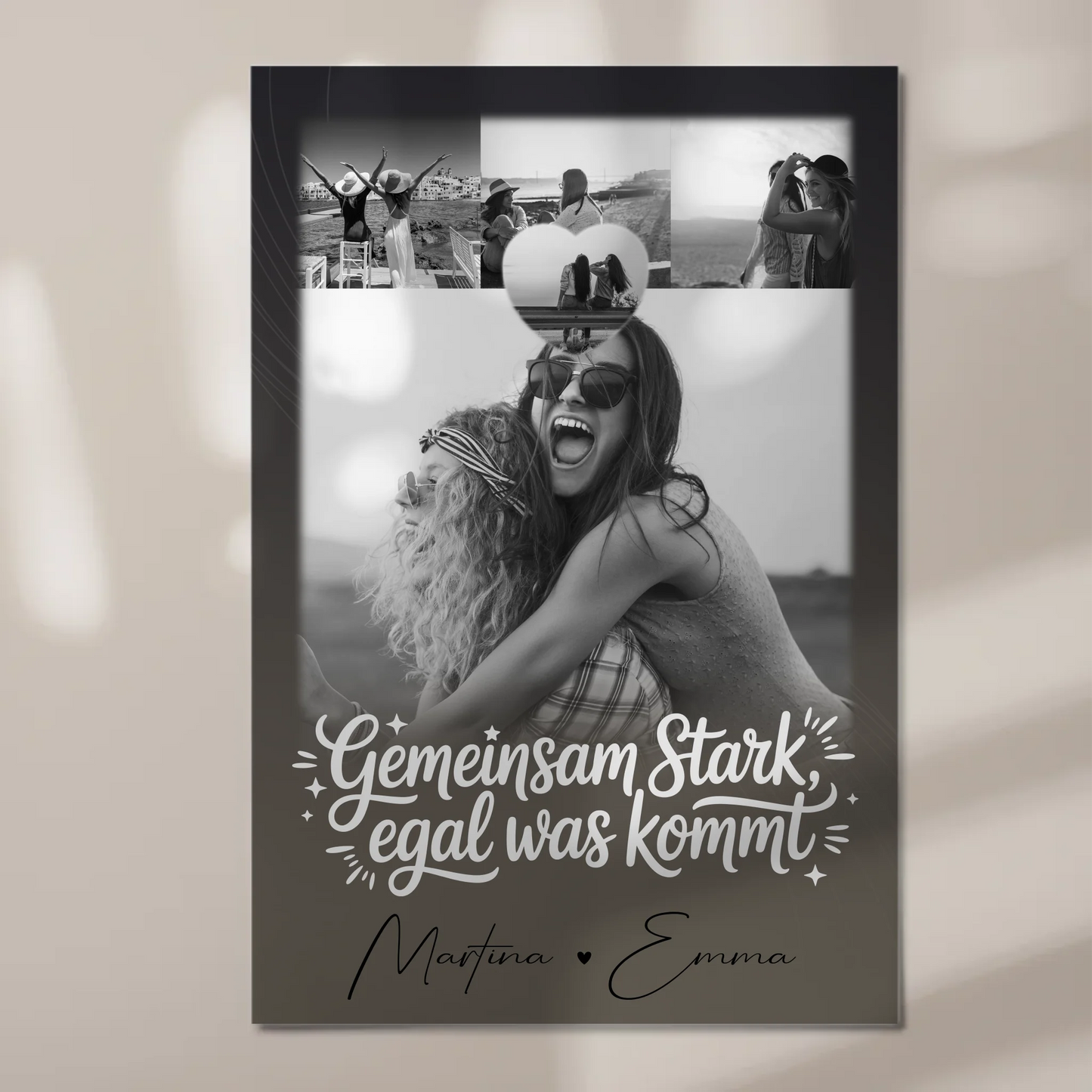 Personalisierbares Fotoboard Magnet Poster mit 4 Fotos und kleinem Herz – Gemeinsam stark egal was kommt