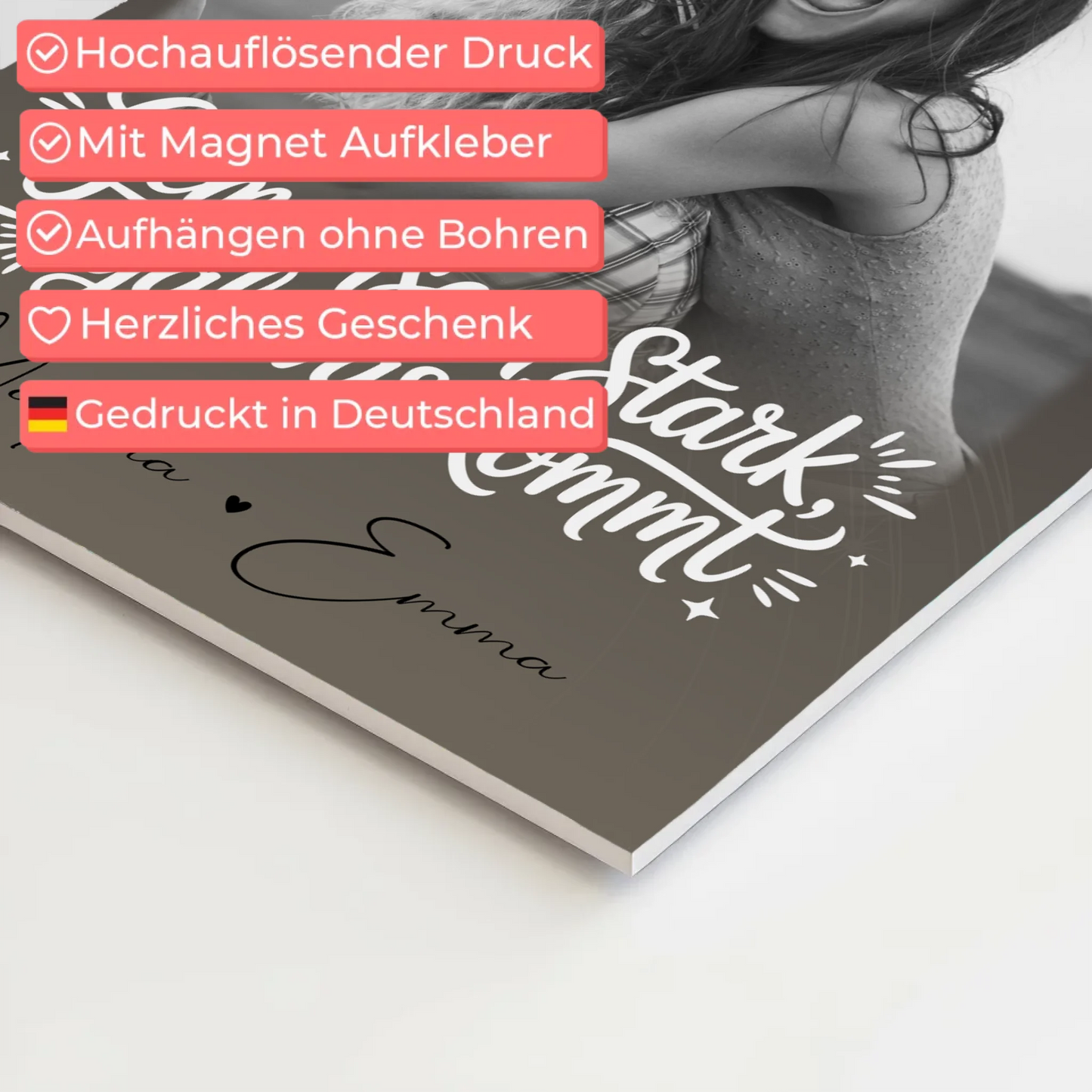Personalisierbares Fotoboard Magnet Poster mit 4 Fotos und kleinem Herz – Gemeinsam stark egal was kommt