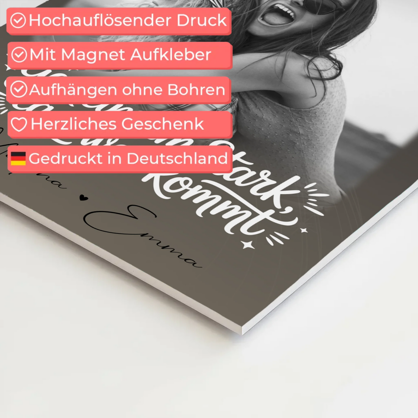 Personalisierbares Fotoboard Magnet Poster mit 4 Fotos und kleinem Herz – Gemeinsam stark egal was kommt
