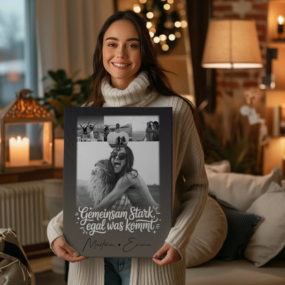 Personalisierte Leinwand Schwester mit 4 Fotos und kleinem Herz Foto Gemeinsam stark egal was kommt