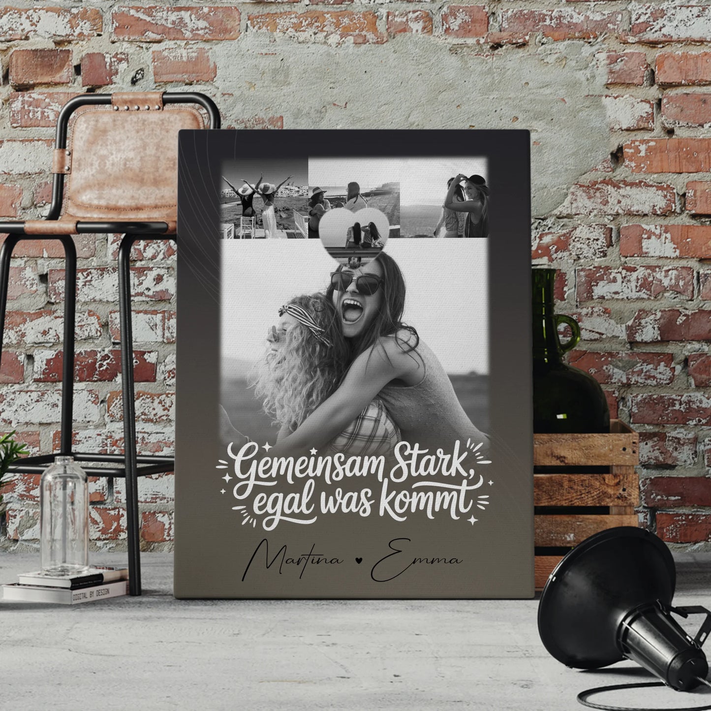 Personalisierte Leinwand Schwester mit 4 Fotos und kleinem Herz Foto Gemeinsam stark egal was kommt