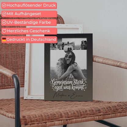 Personalisierte Leinwand Schwester mit 4 Fotos und kleinem Herz Foto Gemeinsam stark egal was kommt