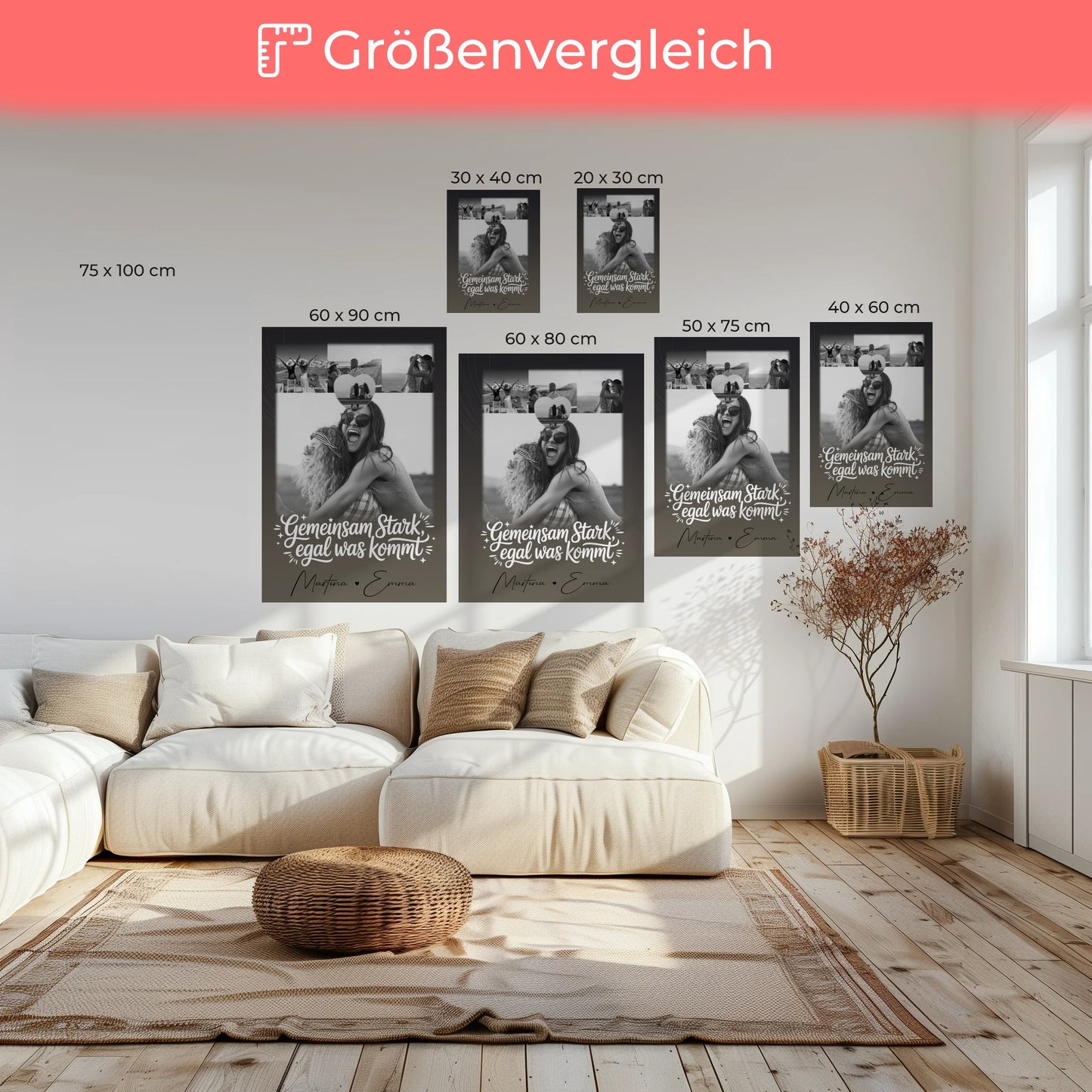 Personalisierte Leinwand Schwester mit 4 Fotos und kleinem Herz Foto Gemeinsam stark egal was kommt