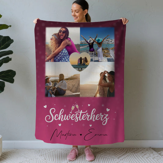 Personalisierte Decke Schwester mit 4 Fotos und 1 Herz Foto individuell gestaltet 1