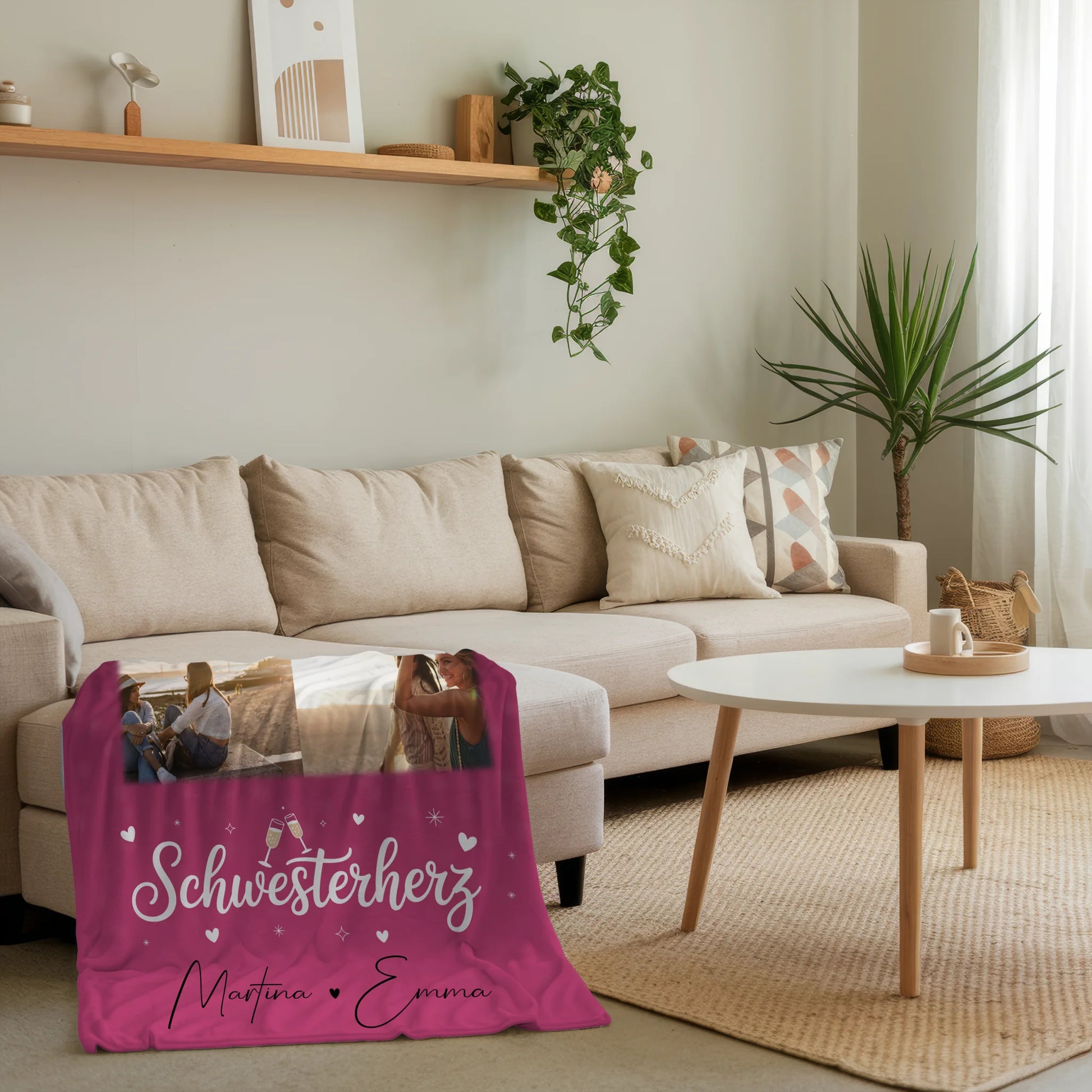 Personalisierte Decke Schwester mit 4 Fotos und 1 Herz Foto individuell gestaltet 4