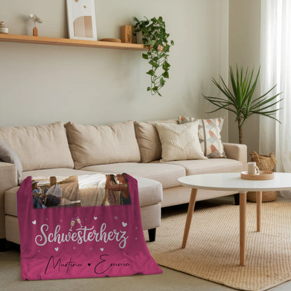 Personalisierte Decke Schwester mit 4 Fotos und 1 Herz Foto individuell gestaltet 4