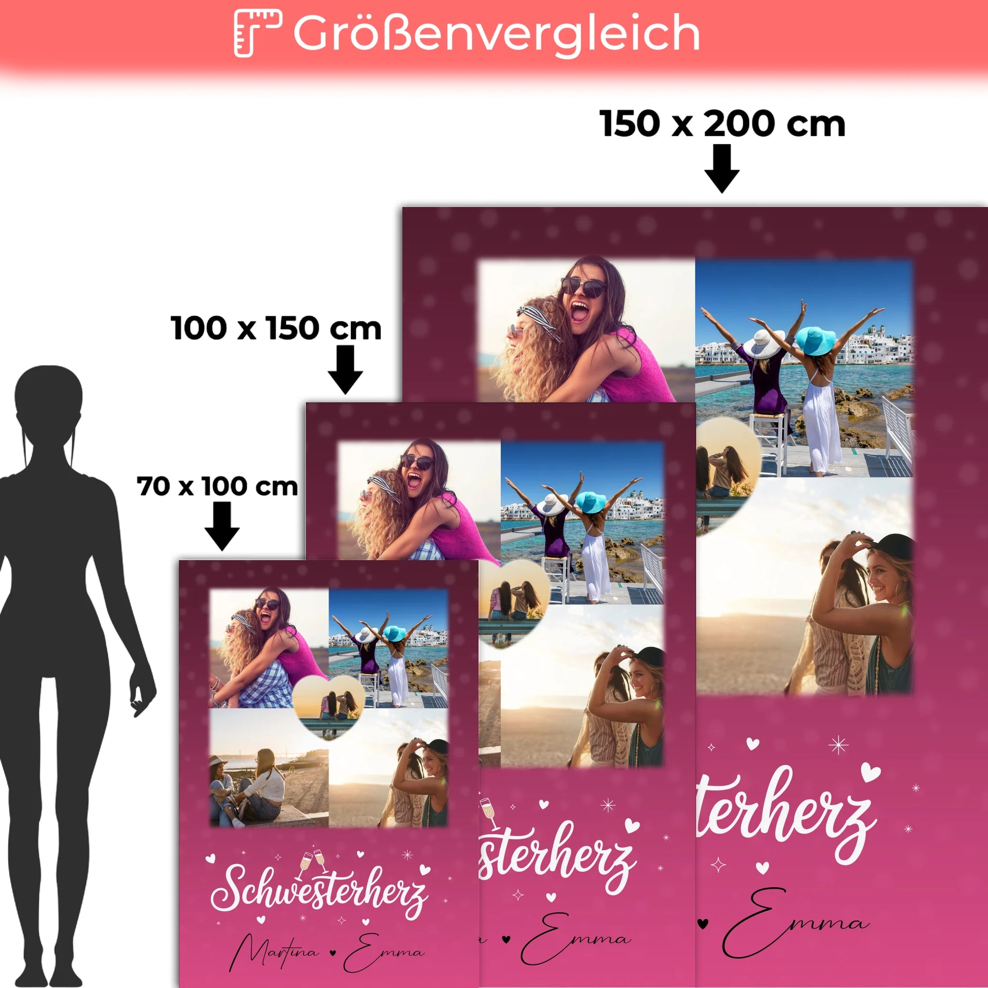 Personalisierte Decke Schwester mit 4 Fotos und 1 Herz Foto individuell gestaltet 5