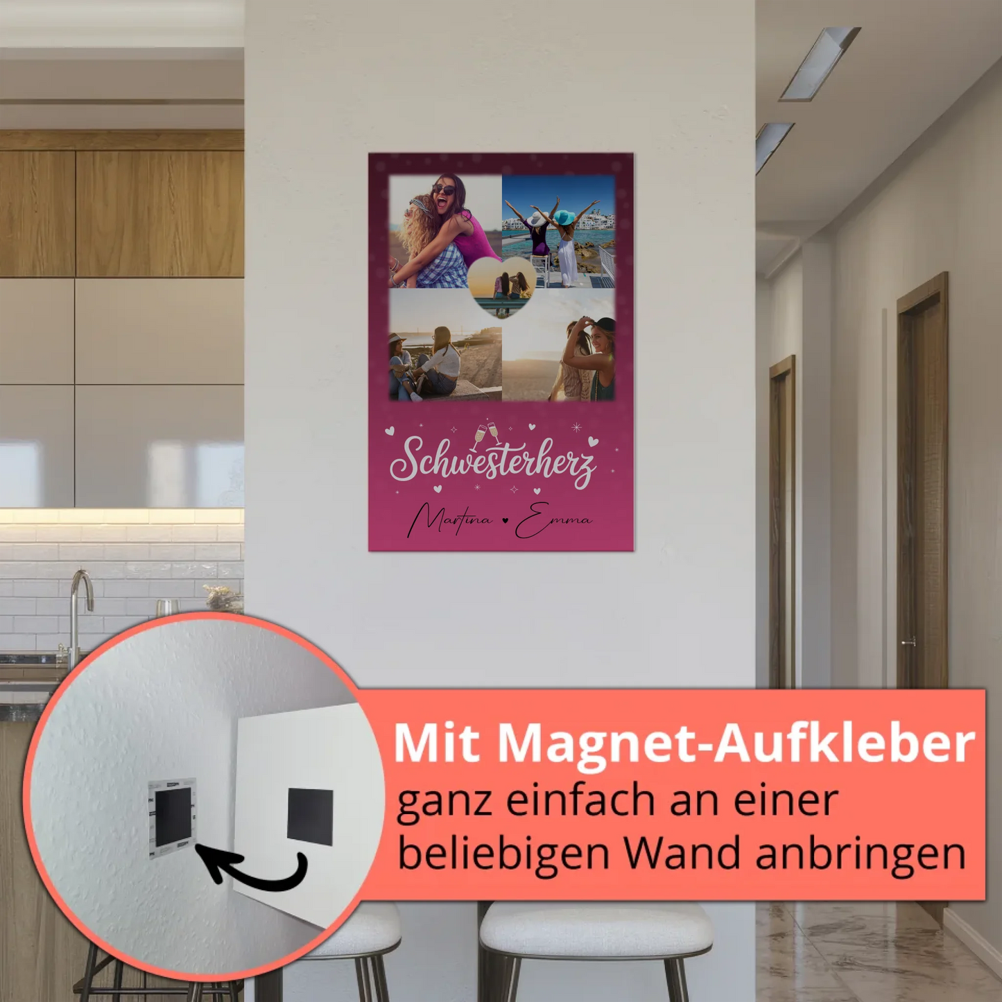 Personalisiertes Fotoboard Magnet Wandbild mit 4 Fotos und 1 Herz Foto für individuelle Geschenke 5