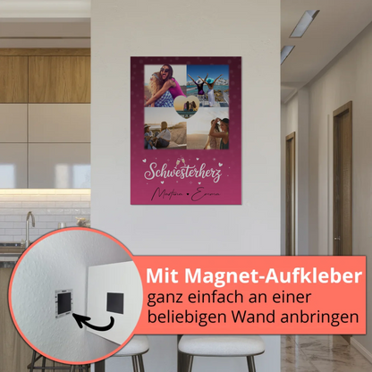 Personalisiertes Fotoboard Magnet Wandbild mit 4 Fotos und 1 Herz Foto für individuelle Geschenke