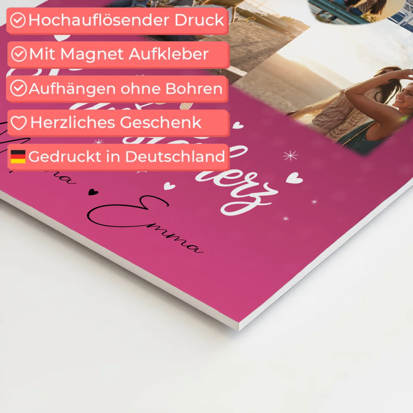 Personalisiertes Fotoboard Magnet Wandbild mit 4 Fotos und 1 Herz Foto für individuelle Geschenke 10