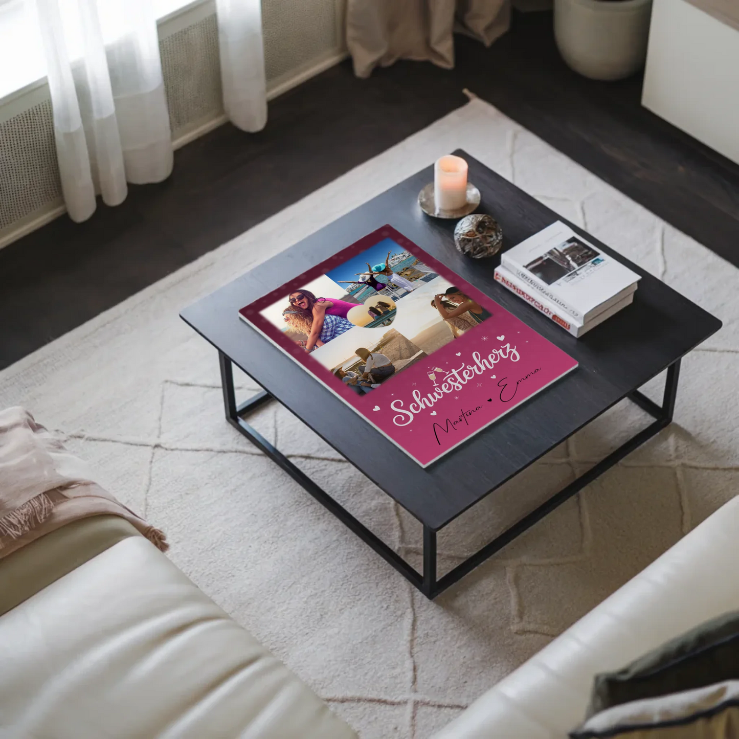 Personalisiertes Fotoboard Magnet Wandbild mit 4 Fotos und 1 Herz Foto für individuelle Geschenke