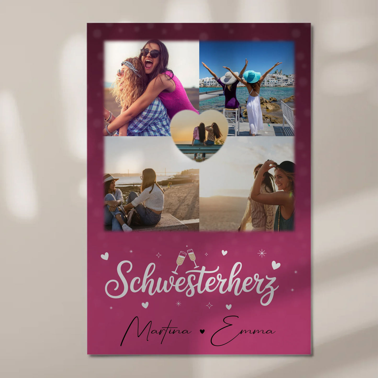 Personalisiertes Fotoboard Magnet Wandbild mit 4 Fotos und 1 Herz Foto für individuelle Geschenke