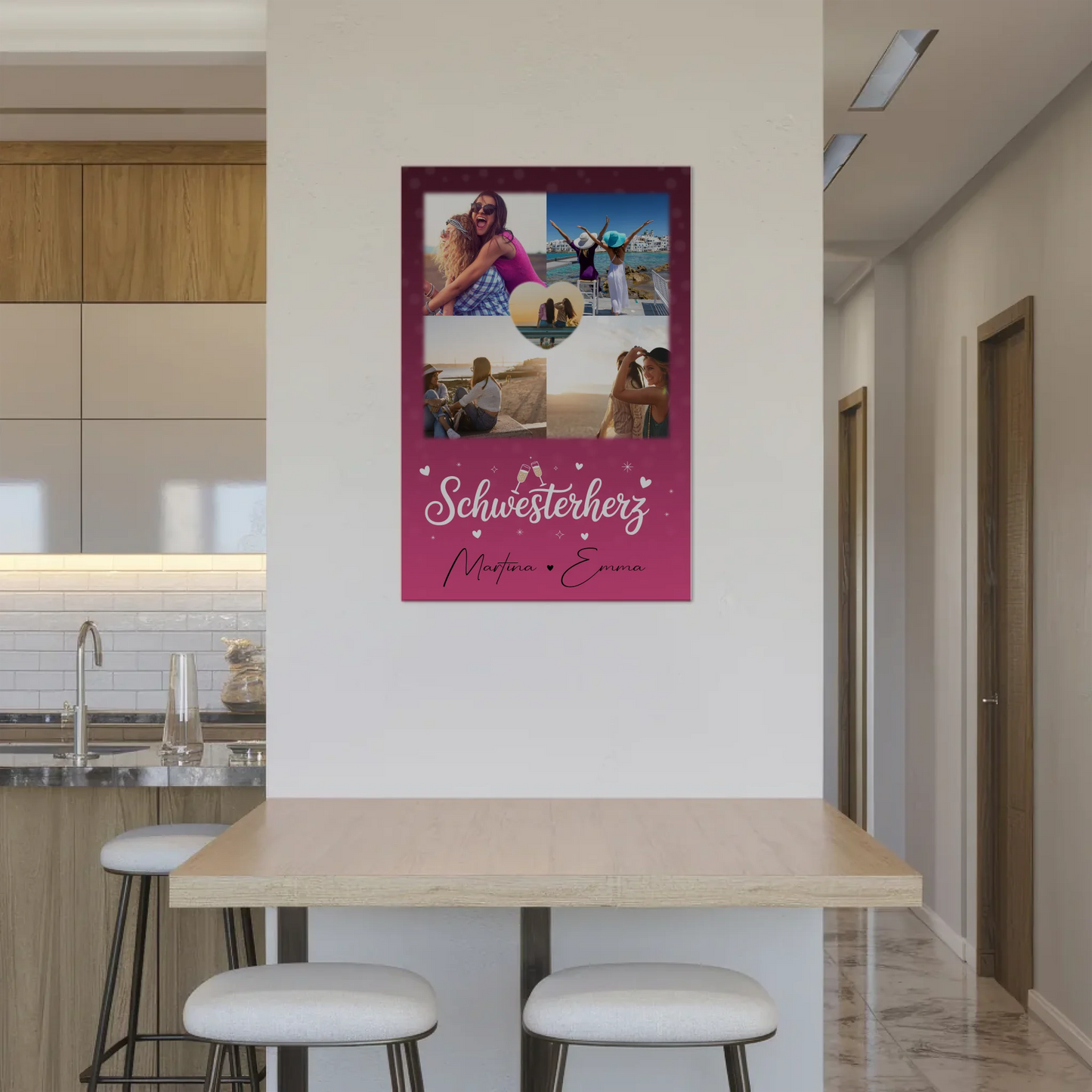 Personalisiertes Fotoboard Magnet Wandbild mit 4 Fotos und 1 Herz Foto für individuelle Geschenke